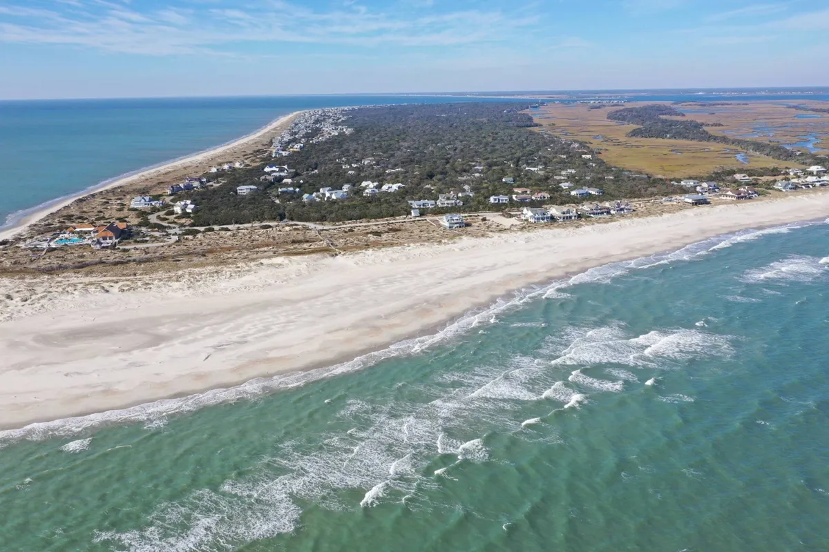 A wide sandy beach framed by gentle ocean waves, dune vegetation, and distant shoreline homes. The open, uncrowded beach offers ample space for dogs to run and play, reinforcing the section's mention of nearby pet-friendly beaches.